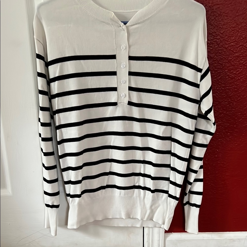 Striped White and Black Henley Sweater